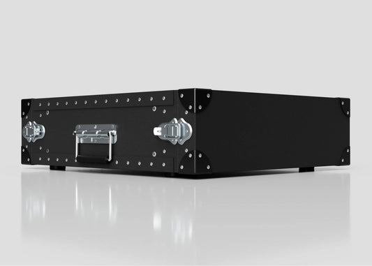 The 3U Standard Poly Rack Case features a black hard-shell design with metal corner reinforcements, padlockable latches, and a handle—perfect for secure, lightweight transport—shown on a reflective white surface against a plain background.