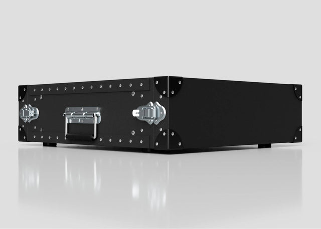 A 3U Lite Guard™ Standard Rack Case—lightweight HDPE 19-inch rack with metal corners, latches, and a handle—sits on a reflective surface against a plain light background.