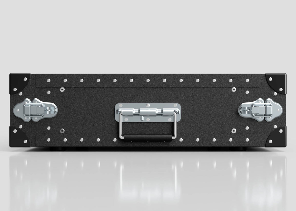 The 3U Lite Guard™ Standard Rack Case is a lightweight HDPE 19-inch rack with metal reinforcements, latches, and a central handle, shown on a reflective surface against a plain background.