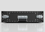 The 3U Lite Guard™ Standard Rack Case is a lightweight HDPE 19-inch rack with metal reinforcements, latches, and a central handle, shown on a reflective surface against a plain background.