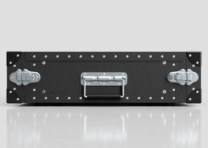 The 3U Standard Poly Rack Case, black and lightweight with metal corners, rivets, padlockable latches, and a central handle, is shown closed against a neutral background.