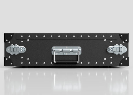 The 3U Lite Guard™ Standard Rack Case is a lightweight HDPE 19-inch rack with metal reinforcements, latches, and a central handle, shown on a reflective surface against a plain background.