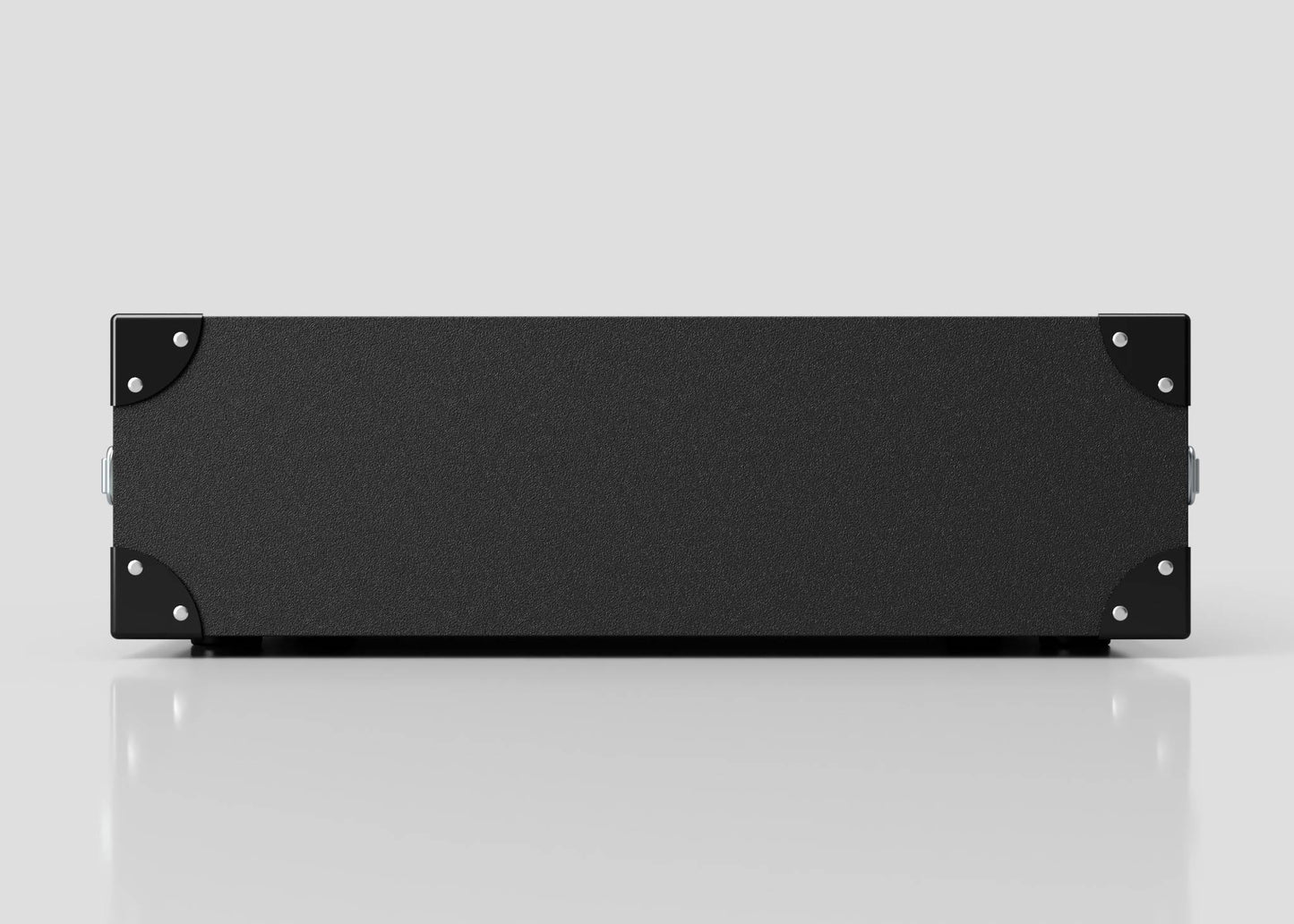 A 3U Standard Poly Rack Case, black and rectangular with metal corner protectors, side handles, and padlockable latches, photographed on a plain light gray background.