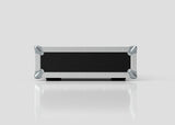 The 3U Standard Rack Case, rectangular in shape with a black and silver finish, sits on a reflective white surface against a plain light gray background, viewed from the front to showcase reliable equipment protection.