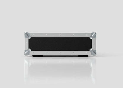 The 3U Standard Rack Case, rectangular in shape with a black and silver finish, sits on a reflective white surface against a plain light gray background, viewed from the front to showcase reliable equipment protection.