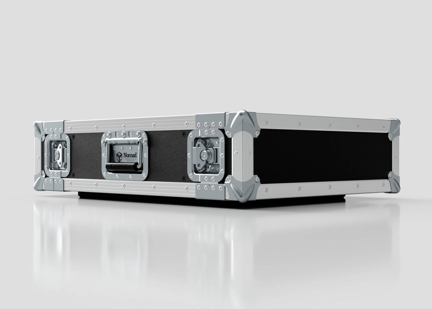 The 3U Standard Rack Case, featuring black and silver finishes with metal reinforcements and latches for equipment protection, sits on a glossy white surface.