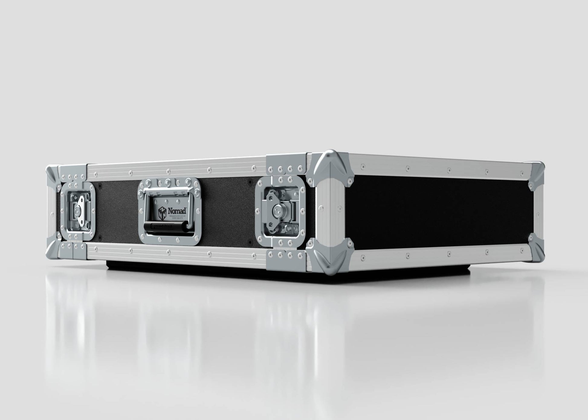 The 3U Standard Rack Case, featuring black and silver finishes with metal reinforcements and latches for equipment protection, sits on a glossy white surface.