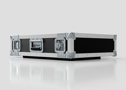 The 3U Standard Rack Case, featuring black and silver finishes with metal reinforcements and latches for equipment protection, sits on a glossy white surface.