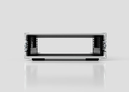 Front view of an empty 3U Standard Rack Case with side handles, designed for reliable equipment protection, shown on a reflective white surface against a plain background.