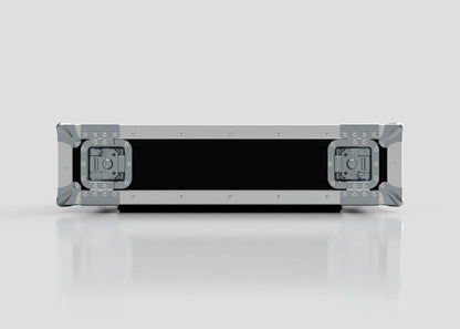 The 3U Standard Rack Case, featuring black and silver colors with metal corners and latches for equipment protection, is shown closed and lying flat on a reflective white surface.