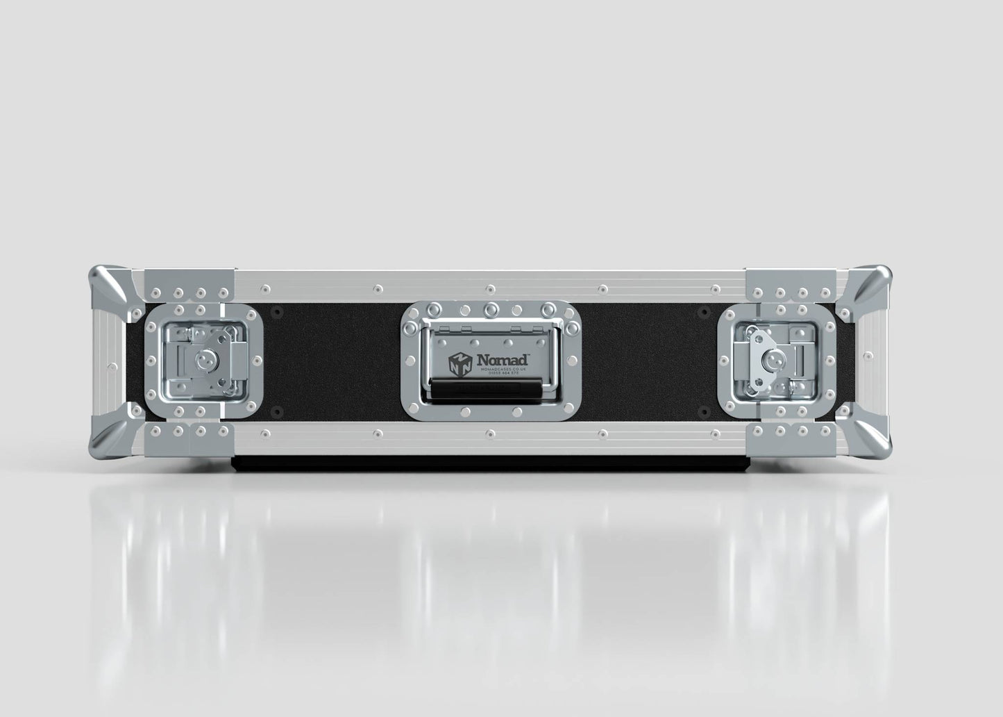 The 3U Standard Rack Case, in black and silver with metal reinforcements and a Nomad logo on the front, offers top-tier equipment protection and is shown against a plain white background.