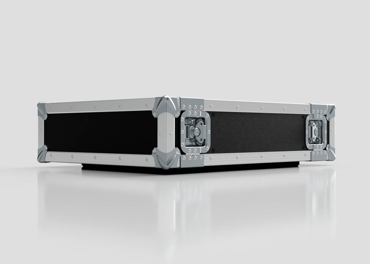 The 3U Standard Rack Case, a black rectangular case with metal-reinforced corners and latches for equipment protection, is displayed on a reflective white surface with a plain light gray background.