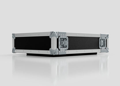 The 3U Standard Rack Case, a black rectangular case with metal-reinforced corners and latches for equipment protection, is displayed on a reflective white surface with a plain light gray background.