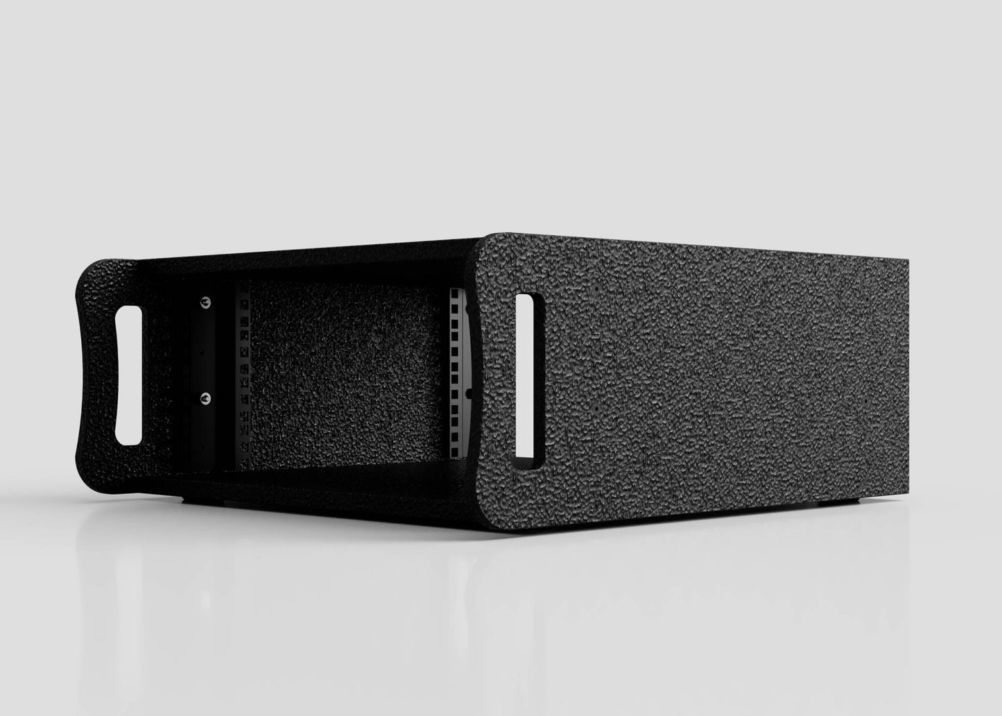 A 3U Standard Rack Sleeve black metal chassis with two handles is shown on its side against a plain white background.