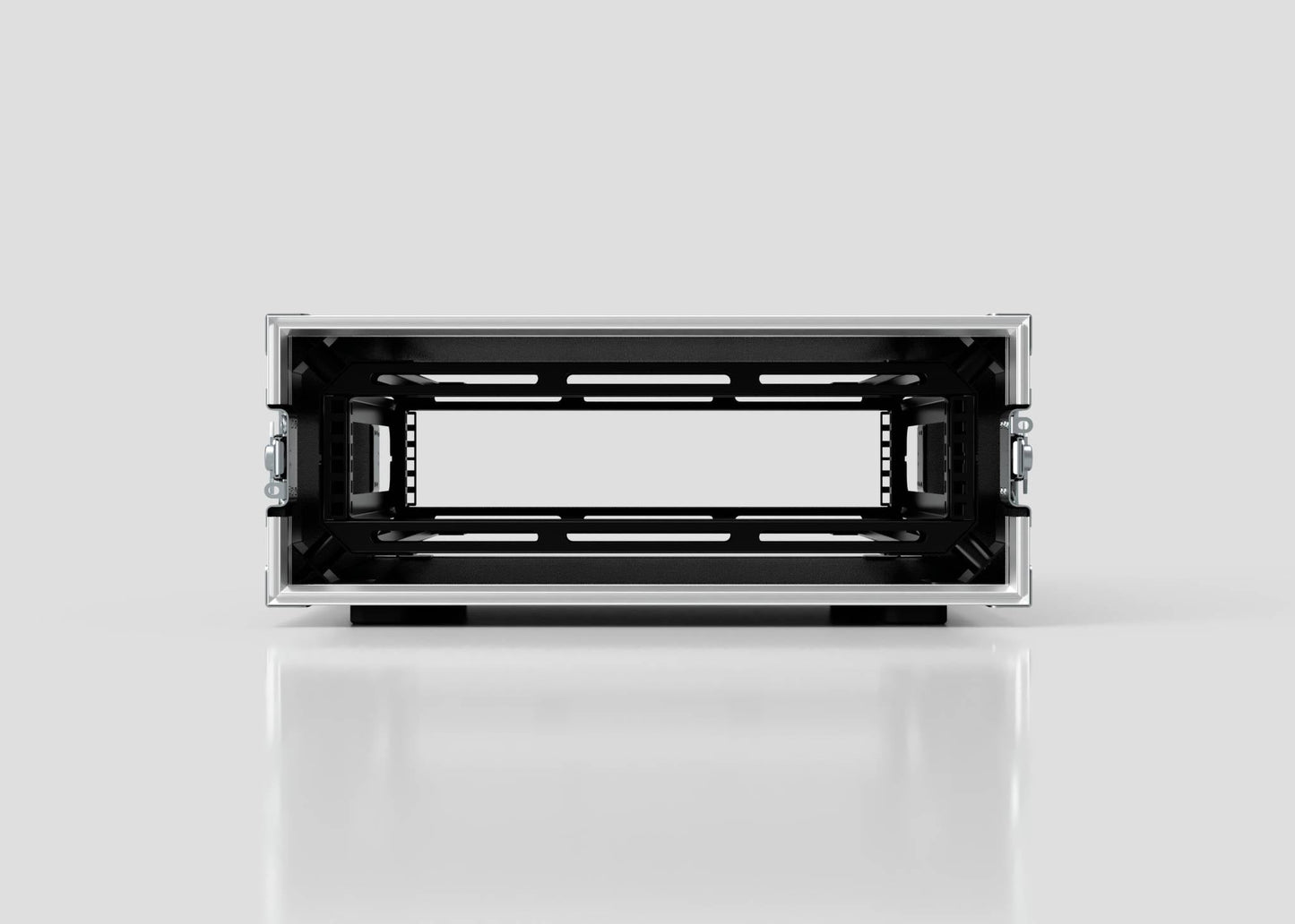 Front view of a 3U Suspended Shock Mounted Rack Case, empty, with anti-vibration mounts and side handles, displayed on a reflective white surface against a plain light gray background.