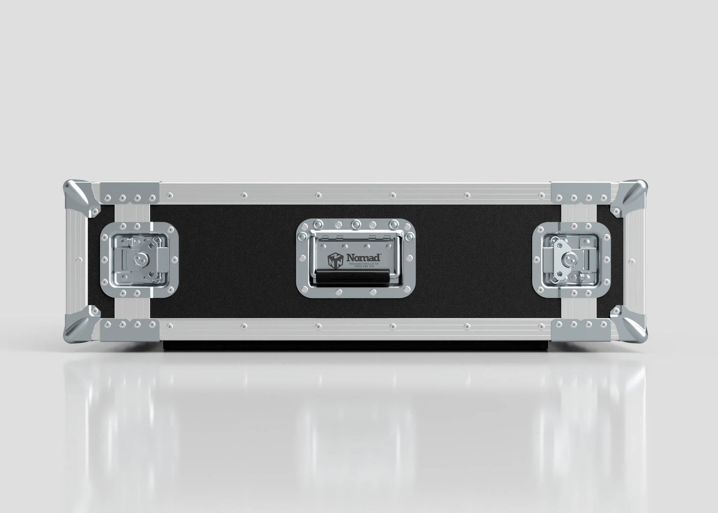 The 3U Suspended Shock Mounted Rack Case, in black and silver with metal reinforcements and handles, stands upright on a reflective white surface and features suspended shock-mounted racks for enhanced protection.