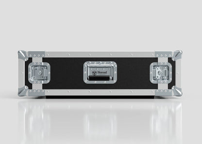 The 3U Suspended Shock Mounted Rack Case, in black and silver with metal reinforcements and handles, stands upright on a reflective white surface and features suspended shock-mounted racks for enhanced protection.