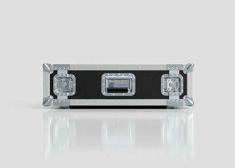 The 3U Suspended Shock Mounted Rack Case features a black and silver design with metal-reinforced edges and handle, plus suspended shock-mounted racks for extra protection, shown against a plain light background.