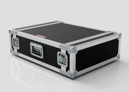 The 3U Suspended Shock Mounted Rack Case, in black and silver with metal-reinforced corners, latches, and handles, features suspended shock mounted racks and rests on a white surface.