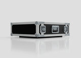 The 3U Suspended Shock Mounted Rack Case, featuring a black and silver finish, reinforced corners, metal latches, and anti-vibration mounts, is displayed on a plain white surface.