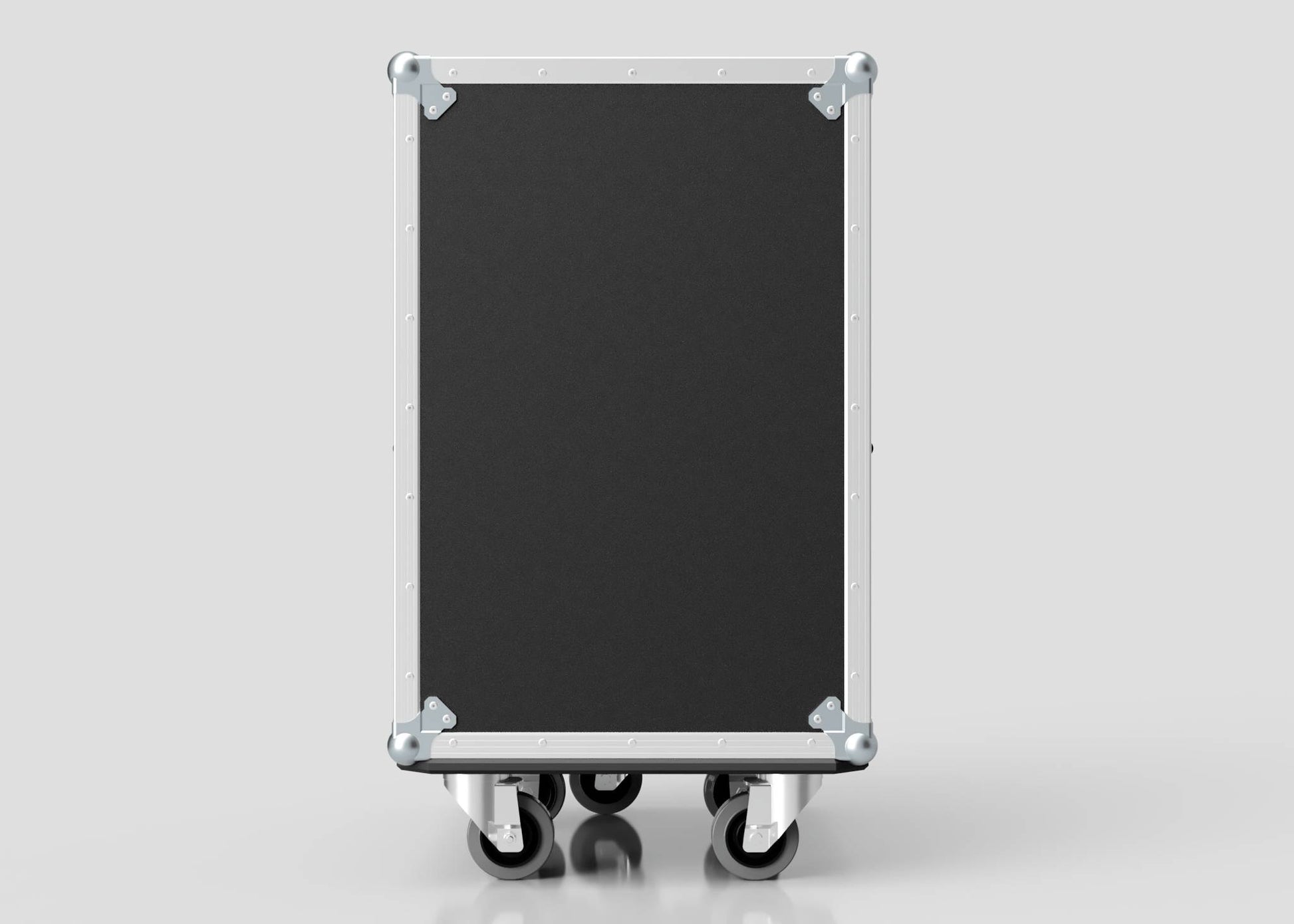 The 4 Drawer Tool Box Case with Lid Pockets is a black rectangular case with metal edges and four caster wheels, standing upright on a plain light gray background. Its external dimensions are 683 x 557 x 937 mm.