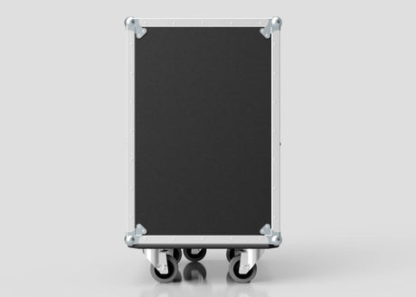 The 4 Drawer Tool Box Case with Lid Pockets is a black rectangular case with metal edges and four caster wheels, standing upright on a plain light gray background. Its external dimensions are 683 x 557 x 937 mm.