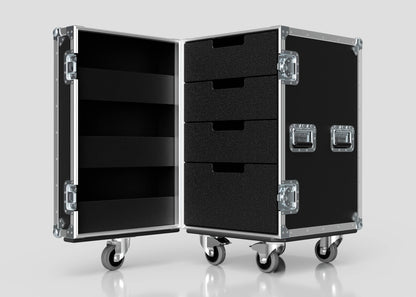 The 4 Drawer Tool Box Case with Lid Pockets features a black exterior with metal edges, four foam-lined drawers, shelves, and lid pockets. Its external dimensions are 683 x 557 x 937 mm, ideal for organized storage and secure transport.