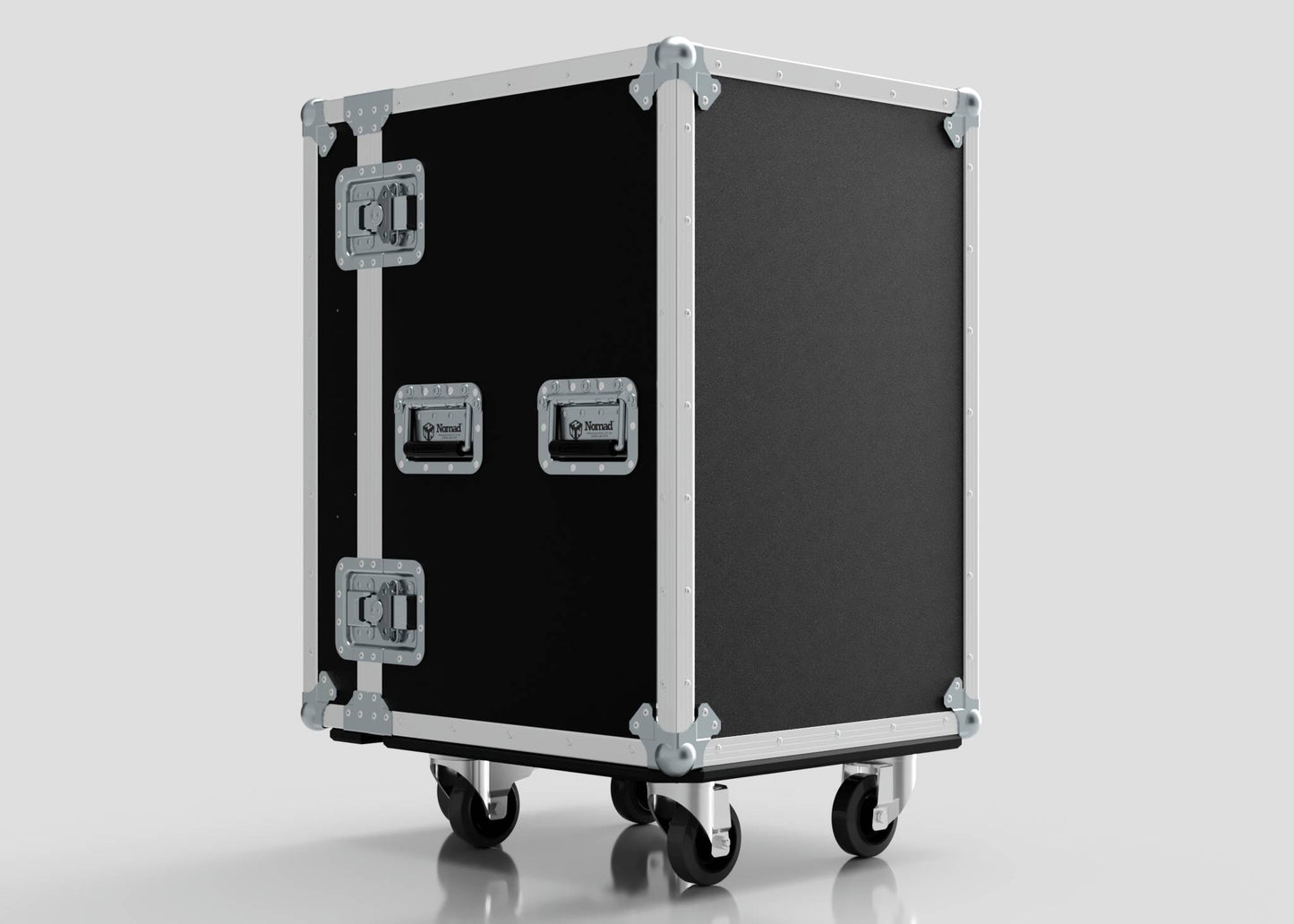 The 4 Drawer Tool Box Case with Lid Pockets, in black and silver with metal reinforcements, heavy-duty handles, latches, and caster wheels, stands on a plain light background; external dimensions: 683 x 557 x 937 mm.
