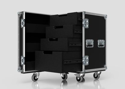 The 4 Drawer Tool Box Case with Lid Pockets, in black with metal edges and handles, features four foam-lined sliding drawers and sits on caster wheels. Shown open against a plain background. Size: 683 x 557 x 937 mm.