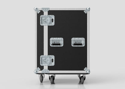 A 4 Drawer Tool Box Case with Lid Pockets, black and silver with metal reinforced corners, latches, and two handles, is shown against a plain light gray background. Its external dimensions are 683 x 557 x 937 mm.