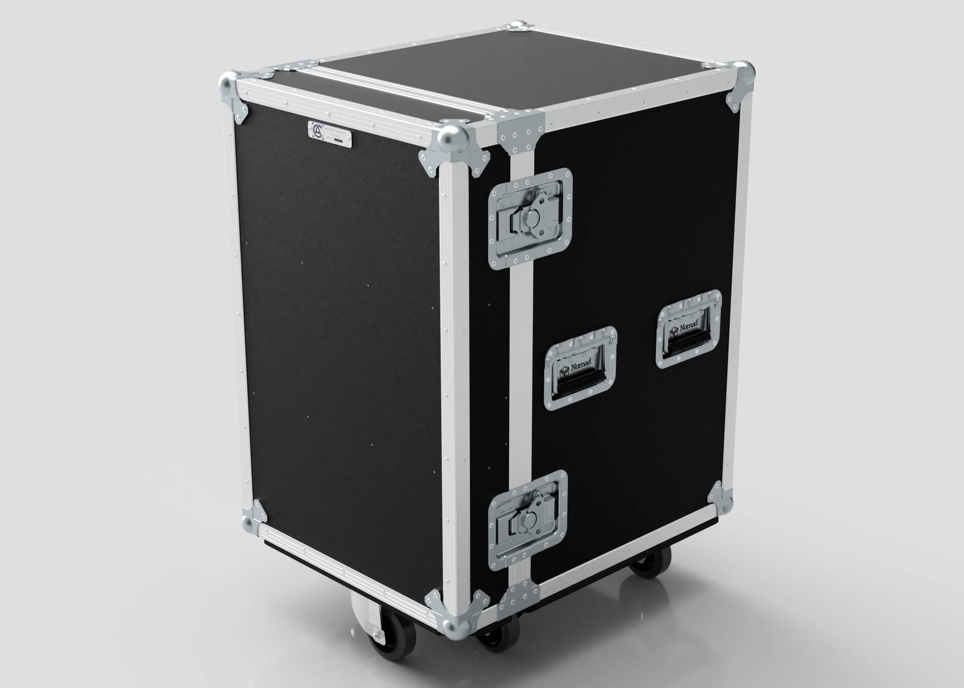 The 4 Drawer Tool Box Case with Lid Pockets features black and silver metal edges, handles, latches, four caster wheels, and measures 683 x 557 x 937 mm—perfect for ample gear storage against a plain background.