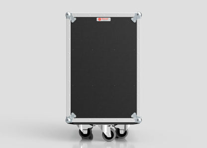 A large, rectangular black 4 Drawer Tool Box Case with Lid Pockets featuring metal edges and four caster wheels, photographed against a plain light background. External dimensions: 683 x 557 x 937 mm.