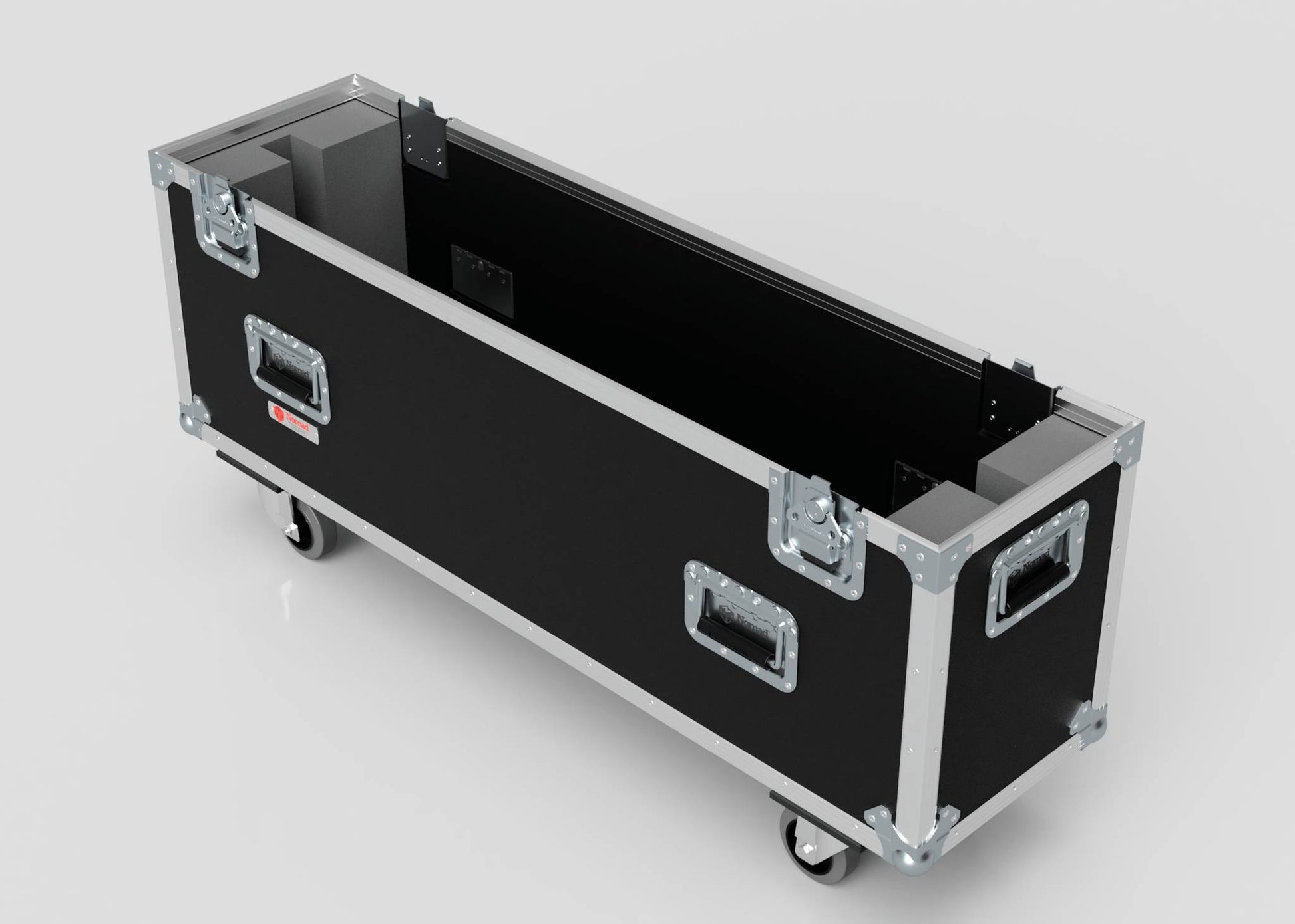 The 40" Single LED TV Screen Case is a black rectangular hard case with metal edges and handles, open top, padded interior compartments, and four caster wheels, shown on a white background.