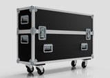 The 42" Double Screen Case is a large black hard case with metal edges, reinforced corners, sturdy handles, and four caster wheels, shown against a plain light background.