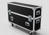 The 42" Double Screen Case is a large black and silver hard case on wheels with metal reinforcements and latches, designed for secure equipment transport.