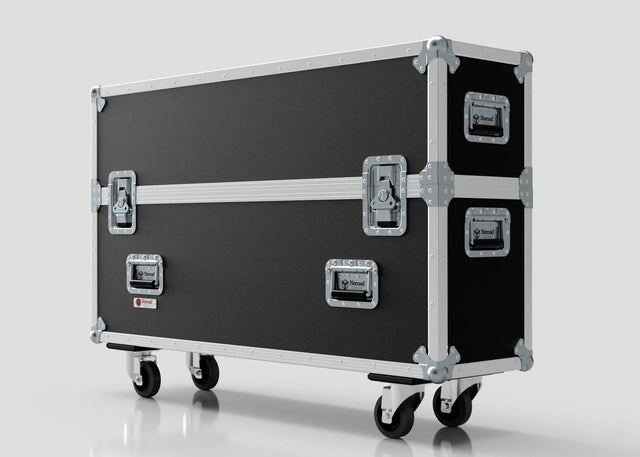 The 42" Double Screen Case, featuring a large black and silver design with metal edges, reinforced corners, and four caster wheels, is shown standing on a plain white background.