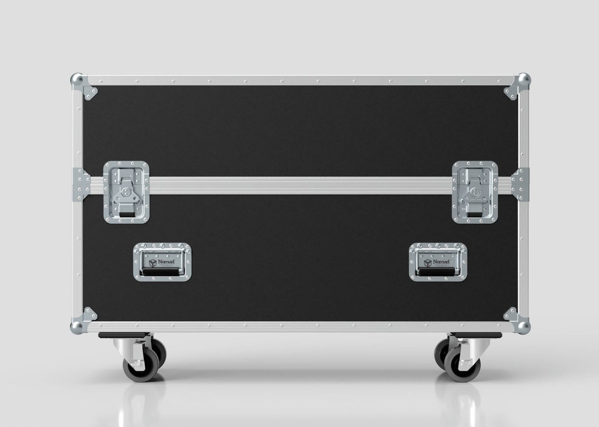 The 42" Double Screen Case is a large black and silver hard case with metal reinforced corners and latches, set on four wheels, shown against a plain white background.