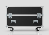 The 42" Double Screen Case is a large black and silver hard case with metal reinforced corners and latches, set on four wheels, shown against a plain white background.