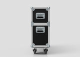 The 42" Double Screen Case is a black and silver equipment case with metal reinforcements and handles, shown upright on four caster wheels against a plain background.