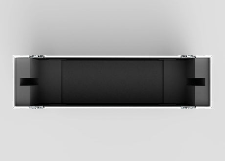 The 42" Single Screen Case is a rectangular, empty black and white hard case, viewed from above, with reinforced corners and metal hinges on both sides.