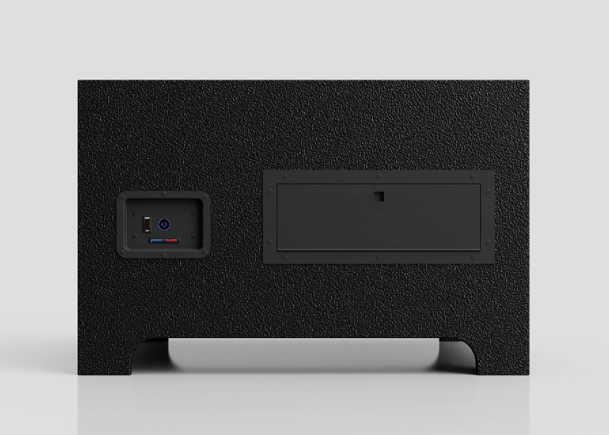 The image shows the back of the 43" Screen Stage Confidence Monitor Wedge in black with a textured surface, featuring an input/output panel on the left and a rectangular access panel on the right; monitor not included.
