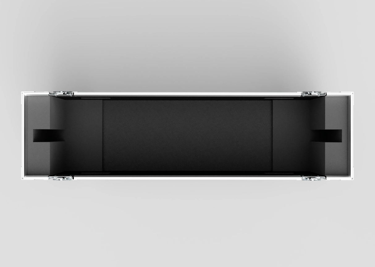 Top view of a 43" Single Screen Case—empty, rectangular, black with silver edges and hinges—positioned horizontally on a plain light background.