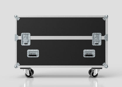 The 43" Single Screen Case is a large black equipment case with metal reinforcements, handles, two latches, and four caster wheels, shown against a plain background.