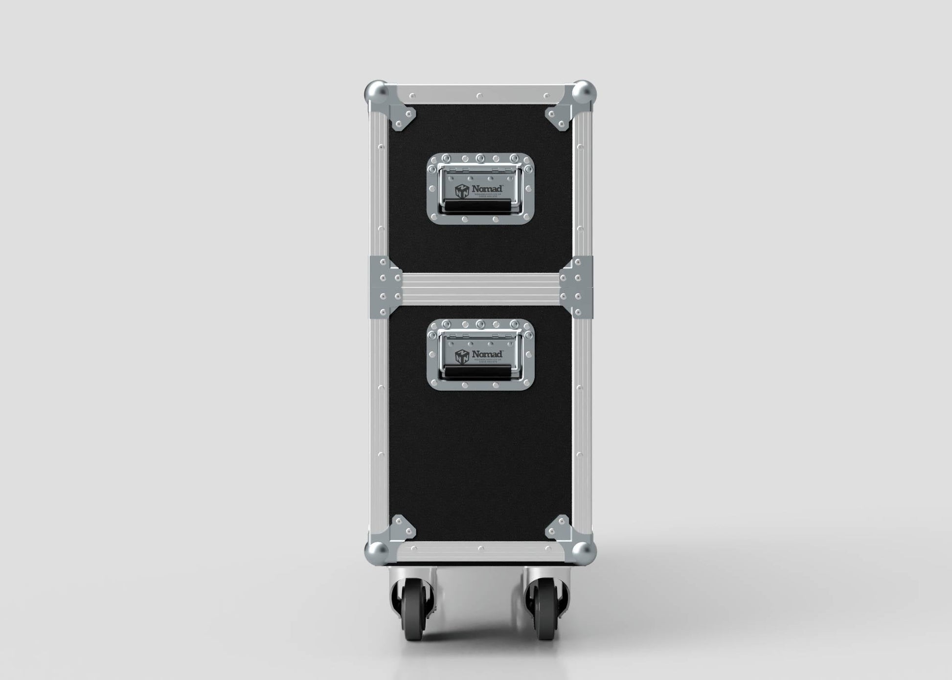 The 46" Single Screen Case is a black and silver rolling equipment case with metal edges and two handles, shown upright against a plain white background.