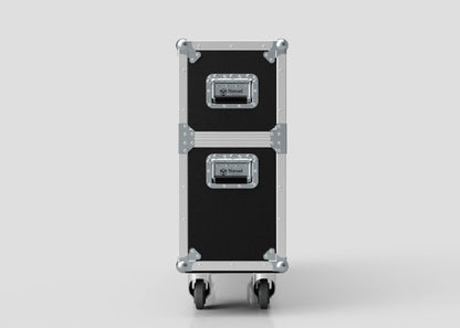 The 46" Single Screen Case is a black and silver rolling equipment case with metal edges and two handles, shown upright against a plain white background.