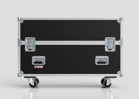 The 46" Single Screen Case, a large black and silver hard case with metal edges, latches, and four caster wheels, is displayed against a plain light background.