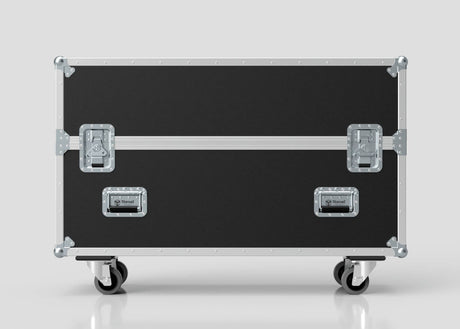 The 46" Single Screen Case is a black and silver rectangular equipment case with metal reinforcements and four caster wheels, shown against a plain light background.