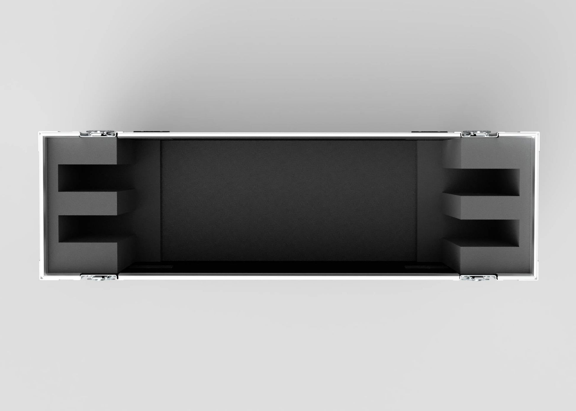 Top-down view of an empty 48" Double Screen Case featuring shaped foam compartments on both sides and metal latches on the exterior corners.