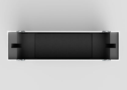 Top-down view of an empty 48" Single Screen Case in black with metal hinges on both ends, set against a light grey background.