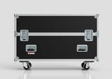 The 49" Double Screen Case, a large black equipment case with metal reinforcements, handles, and four caster wheels, is displayed against a plain background.